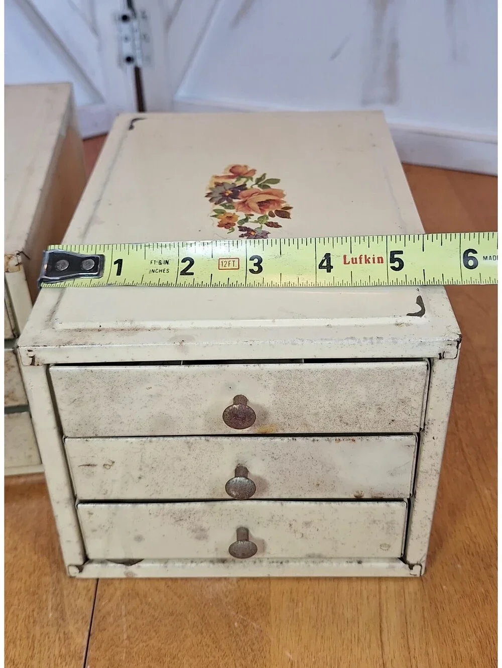 2 VTG Metal 3 Drawer Jewelry/Craft Storage Caddies w/Floral Motif S Brass Knobs.